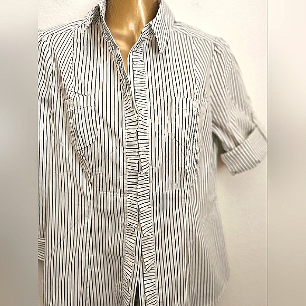 White House Black Market Stripe W/ Ruffle Accent Blouse Size 4
